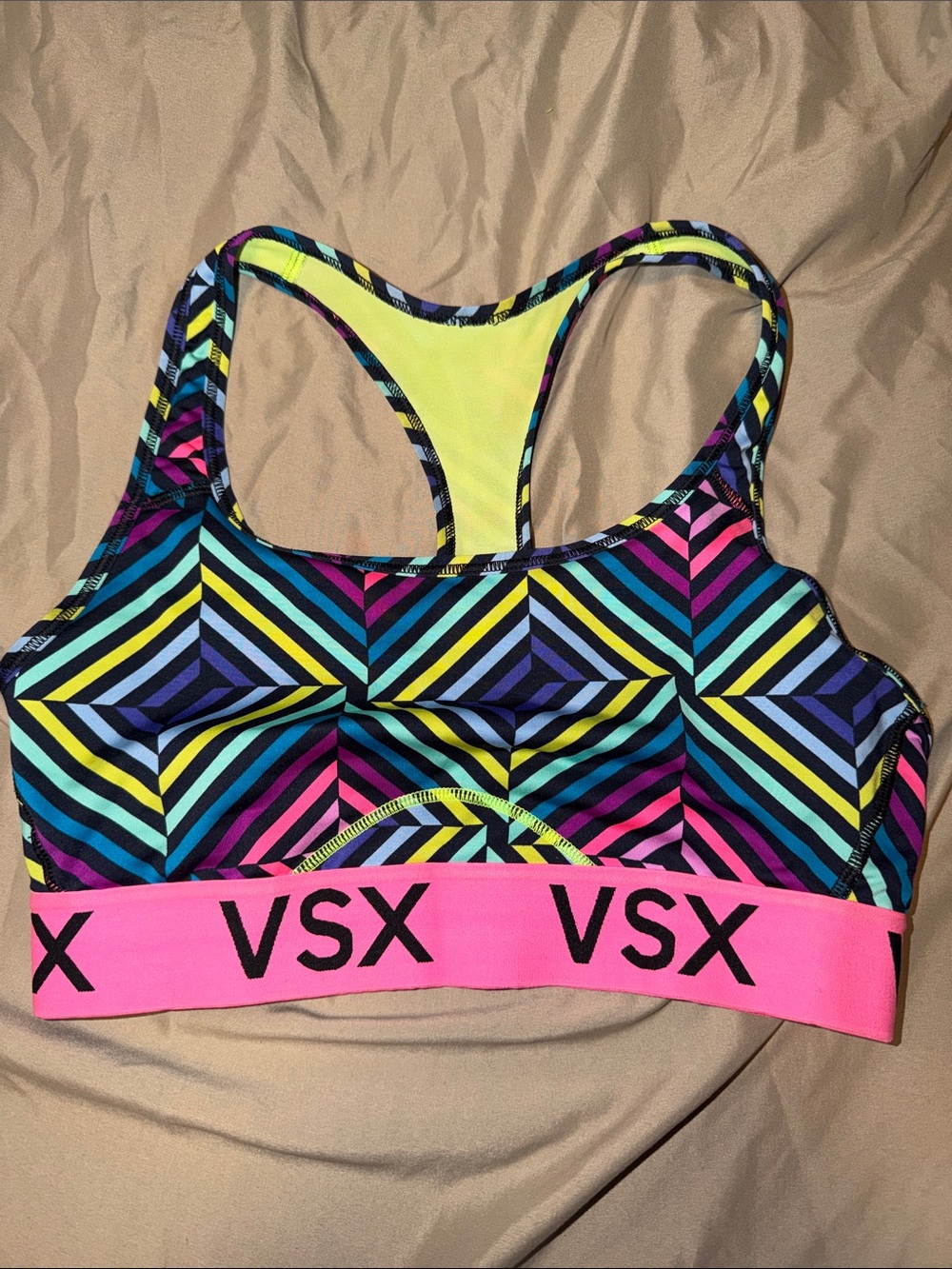 VSX Neon Geo Racerback Sports Bra - Pink, Yellow & Multi